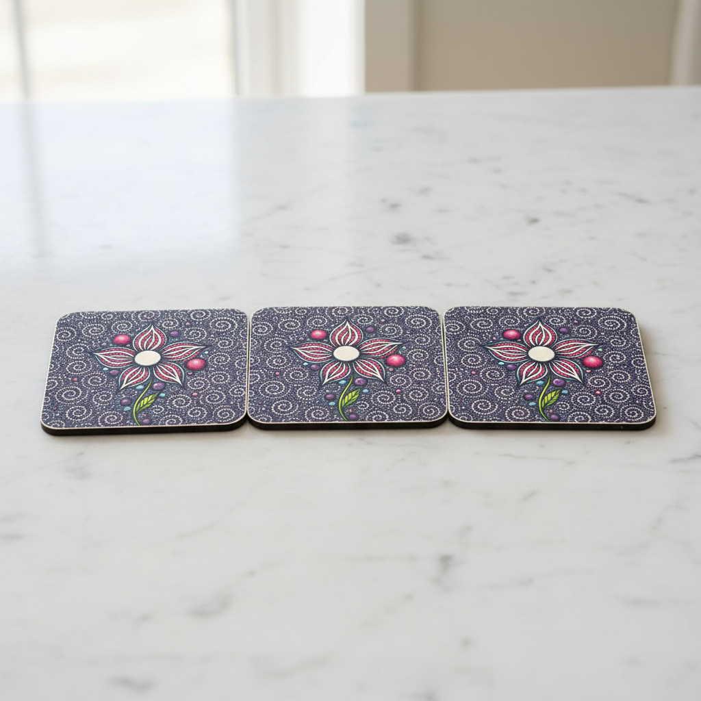 Dot art flower coasters row of 4 on marble