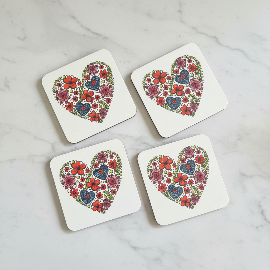 Floral Heart Coasters – 2x2 Grid