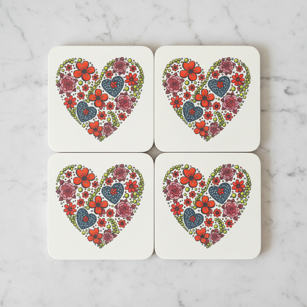 Floral Heart Coasters – 2x2 Grid