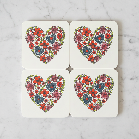 Floral Heart Coasters – 2x2 Grid