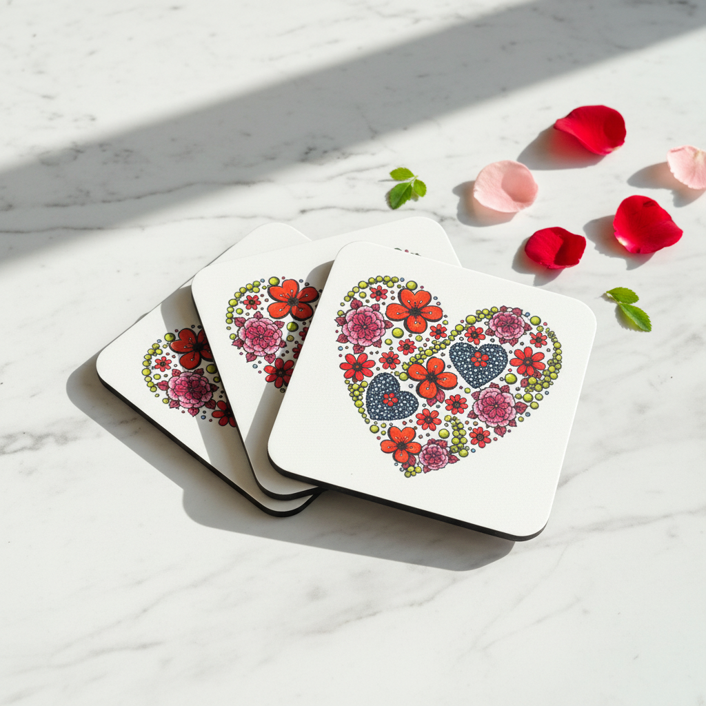 Floral heart coasters fanned stack on marble