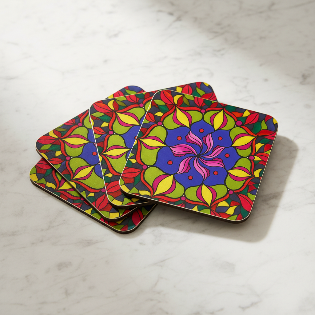 Mandala Coasters – Fanned Stack on Marble