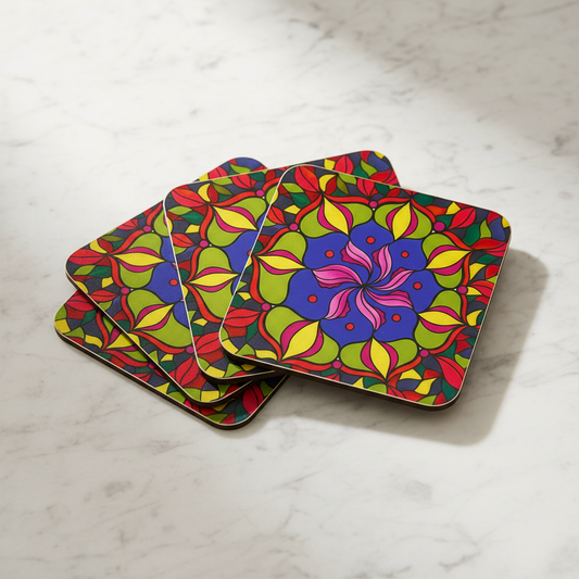 Mandala Coasters – Fanned Stack on Marble