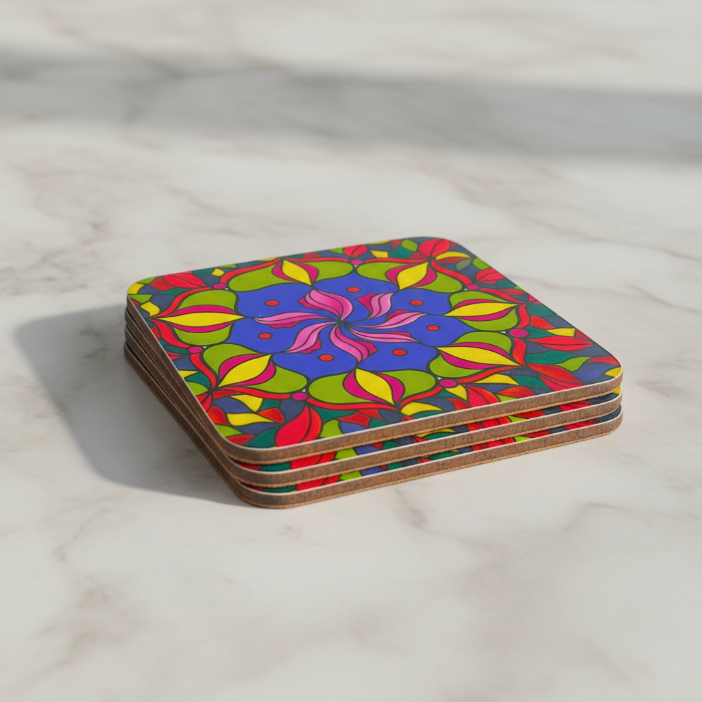Mandala Coasters – Neat Stack on Marble